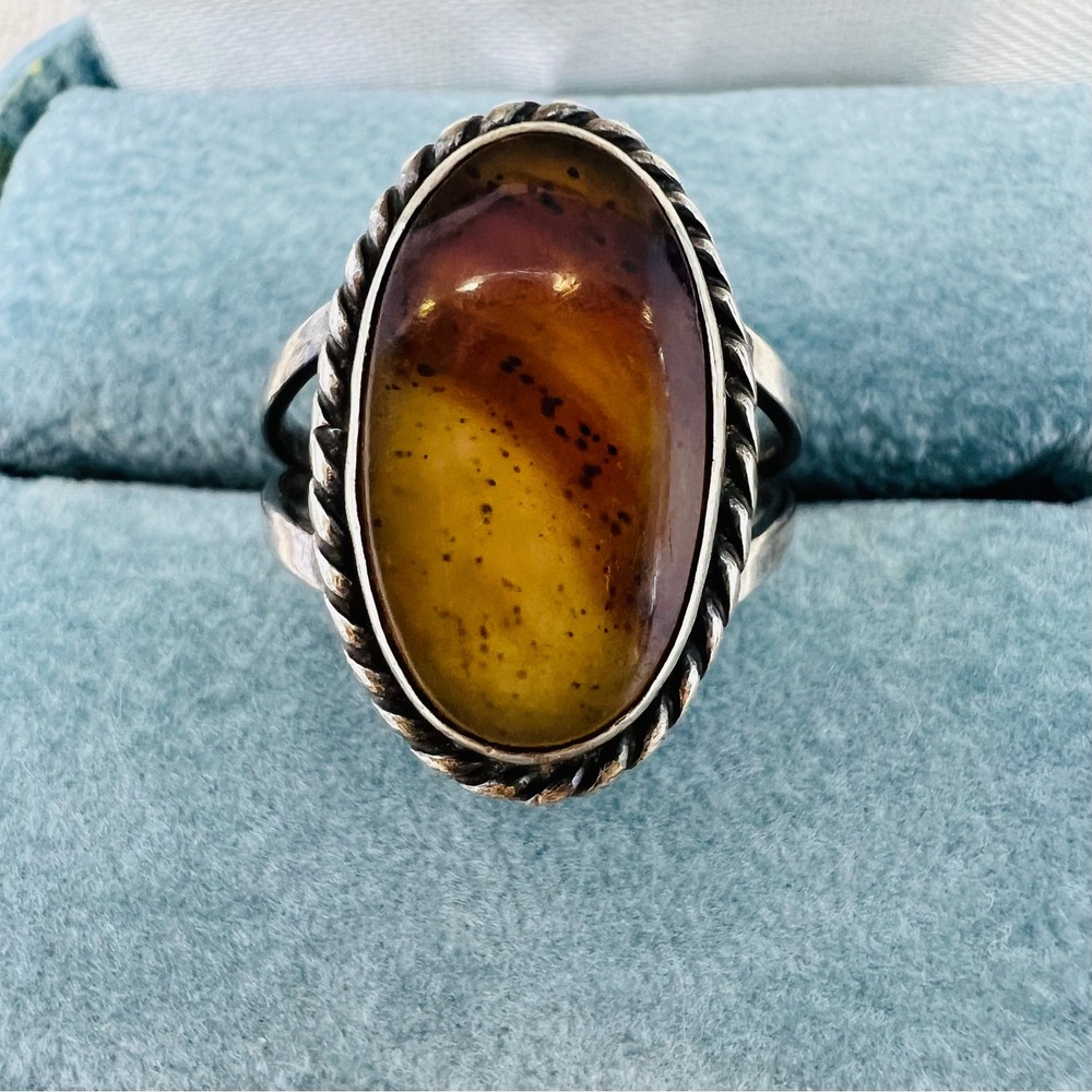 Vintage Sterling Silver Oval Jasper Stone Rope Border Split Shank Ring Size 6